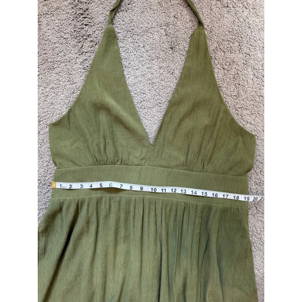 Abercrombie & Fitch Olive Green Halter Maxi Dress Textured V-Neck Slit XL Fall